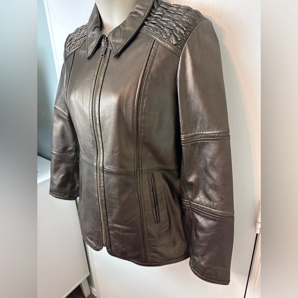 Women’s Leather Excelled Collection Zip Jacket metallic bronze belt strap Size M - Picture 6 of 13